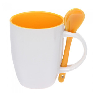Чашка керамическая с ложкой 88210286 (300 мл) белая с желтым