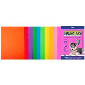 Бумага цветная А4 80 г/м кв BUROMAX Радуга 50 л NEON+INTENSIVE 10 цв (BM.2721850-99)