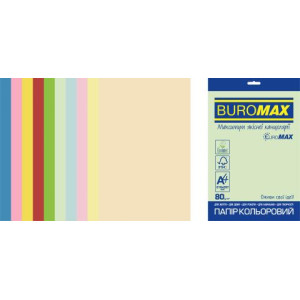 Папір кольоровий А4 80 г/м кв BUROMAX Райдуга 50 арк PASTEL+INTENSIVE 10 кольорів
