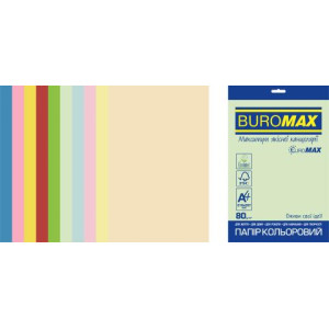 Папір кольоровий А4 80 г/м кв BUROMAX Райдуга 20 арк PASTEL+INTENSIVE 10 кольорів