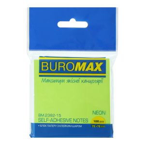 Блок стікерів, 75 х 75 мм, неоновий колір, салатовий Buromax (100 шт) (BM.2382-15)