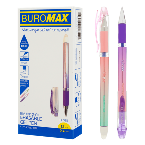 Ручка гелевая с грипом BuroMax Gloss (пиши-стрирай), 0.5мм, перламутровый корпус, синяя (BM.8312-01)
