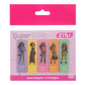 Закладки блискучі SUPER GIRL, з клейким шаром, 55x15 мм, 5 диз. по 20 арк. (ZB.15350)